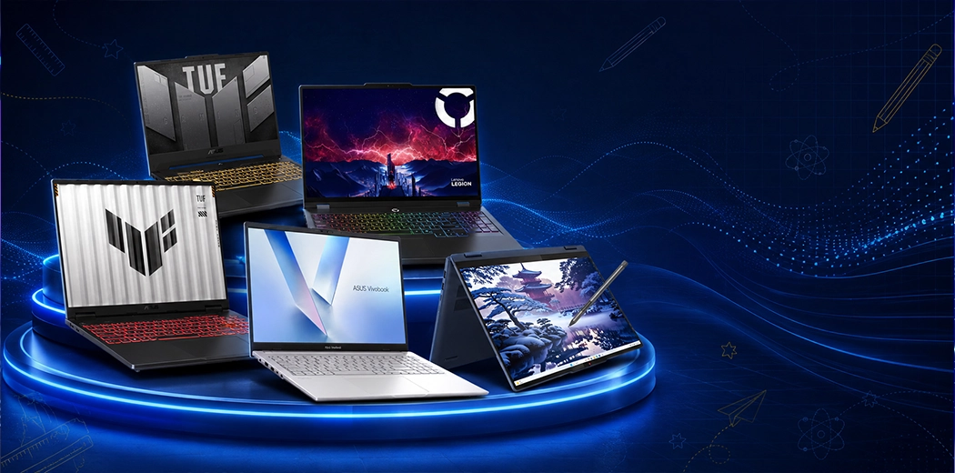 Laptops arranged on a blue illuminated platform