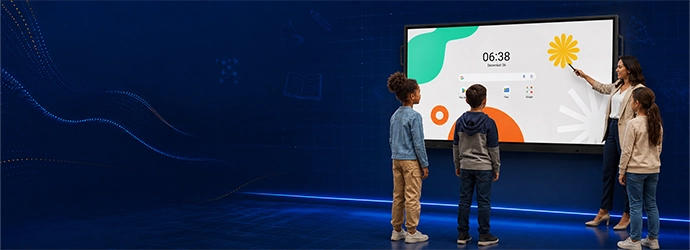 Teacher and students using an interactive classroom display