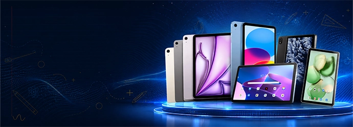 Tablets arranged on a blue illuminated platform