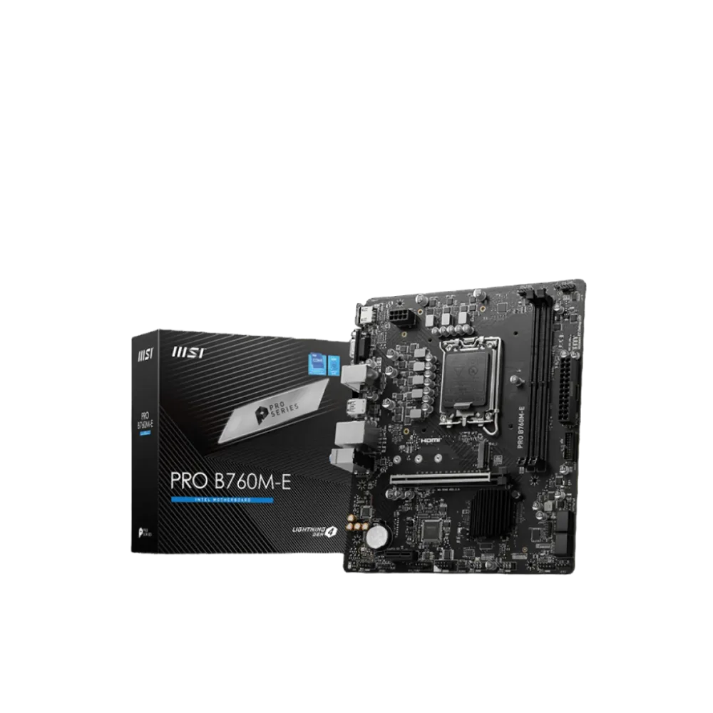 MSI PRO B760M-E motherboard and retail box